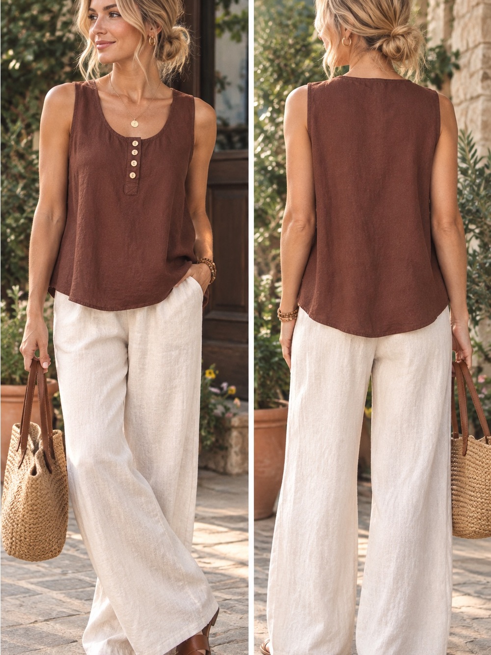 Brown Sleeveless Henley Tank with Button Placket NWOT